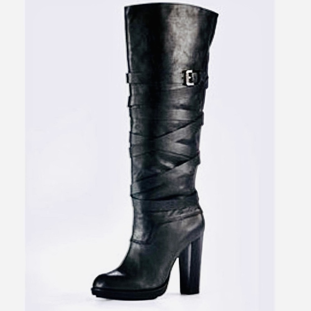 Michael Kors Greenwich Belted Leather Stacked Heal Platform Knee High